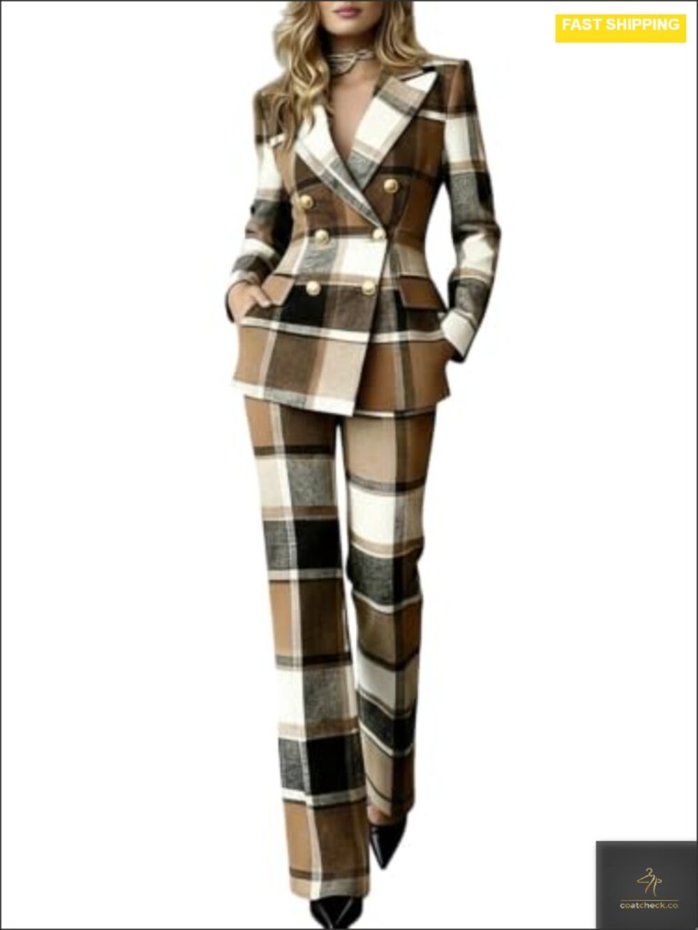 Women's Plaid 2-Piece Pantsuit Double Breasted Blazer Set